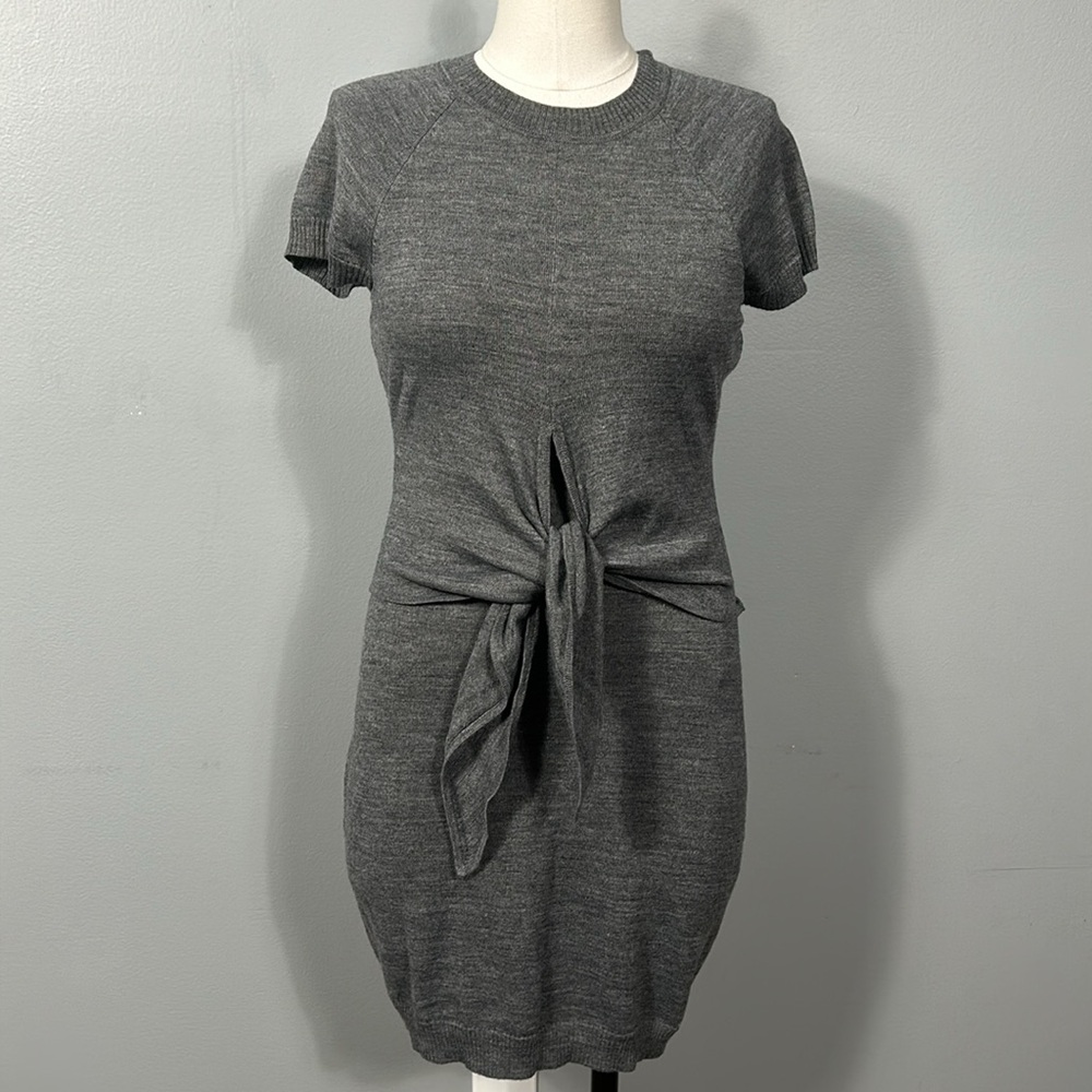 Susana Monaco Merino Wool Gray Layered Tie Front Short Sleeve Sweater Dress S